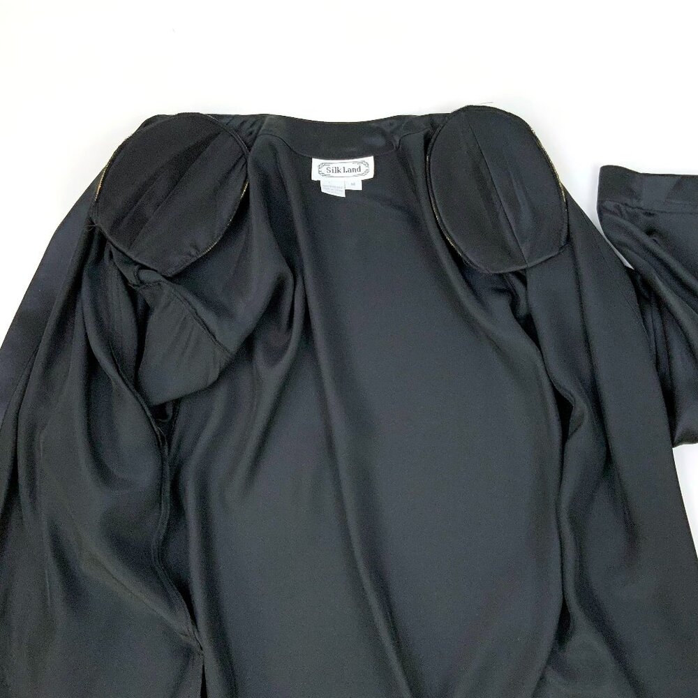 Black Satin Silk Open-Front Jacket Kimono-Style Robe Sz M - Picture 14 of 16